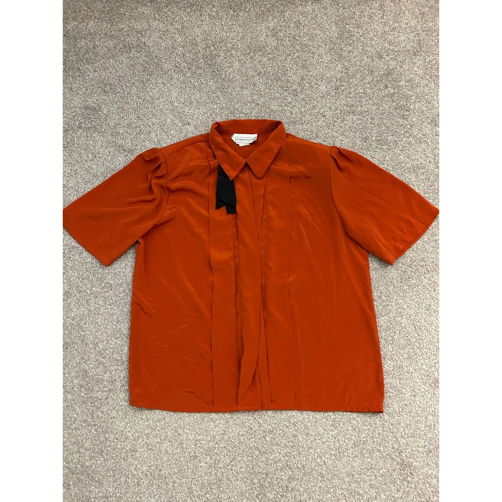 Impressions of California Blouse Womens 14 Orange Excellent Vintage Pleated 80s